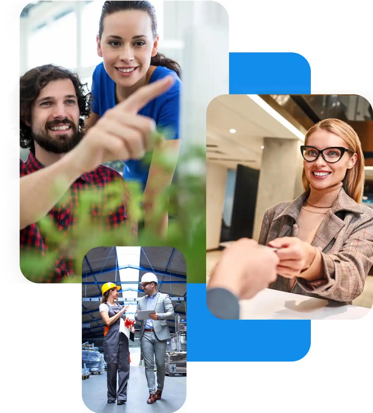 Persone in ufficio, ambiente di lavoro industriale, donna in reception.