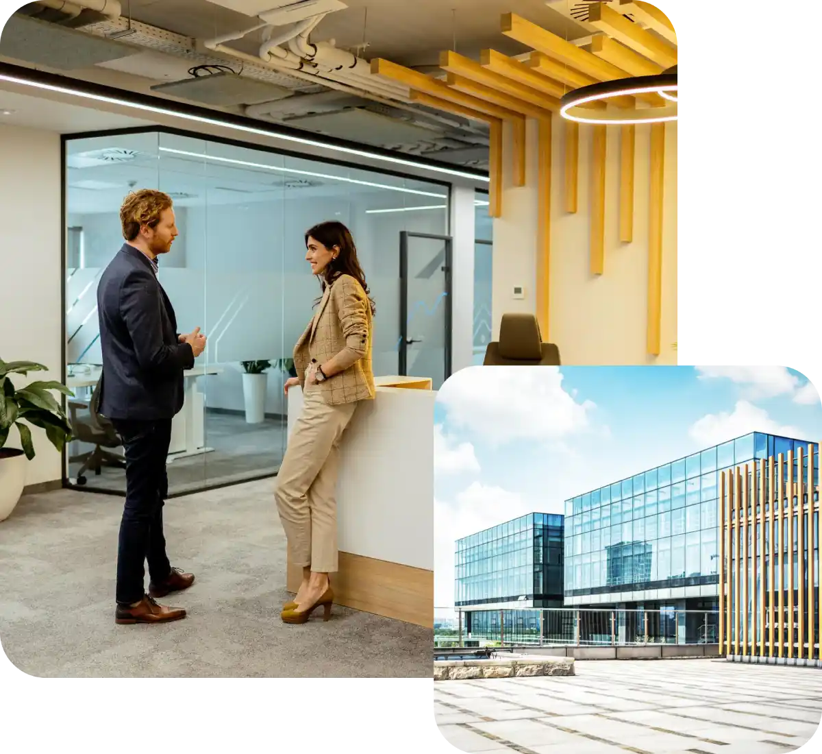 Ufficio moderno con due persone che dialogano; esterno di edificio aziendale in vetro e metallo.