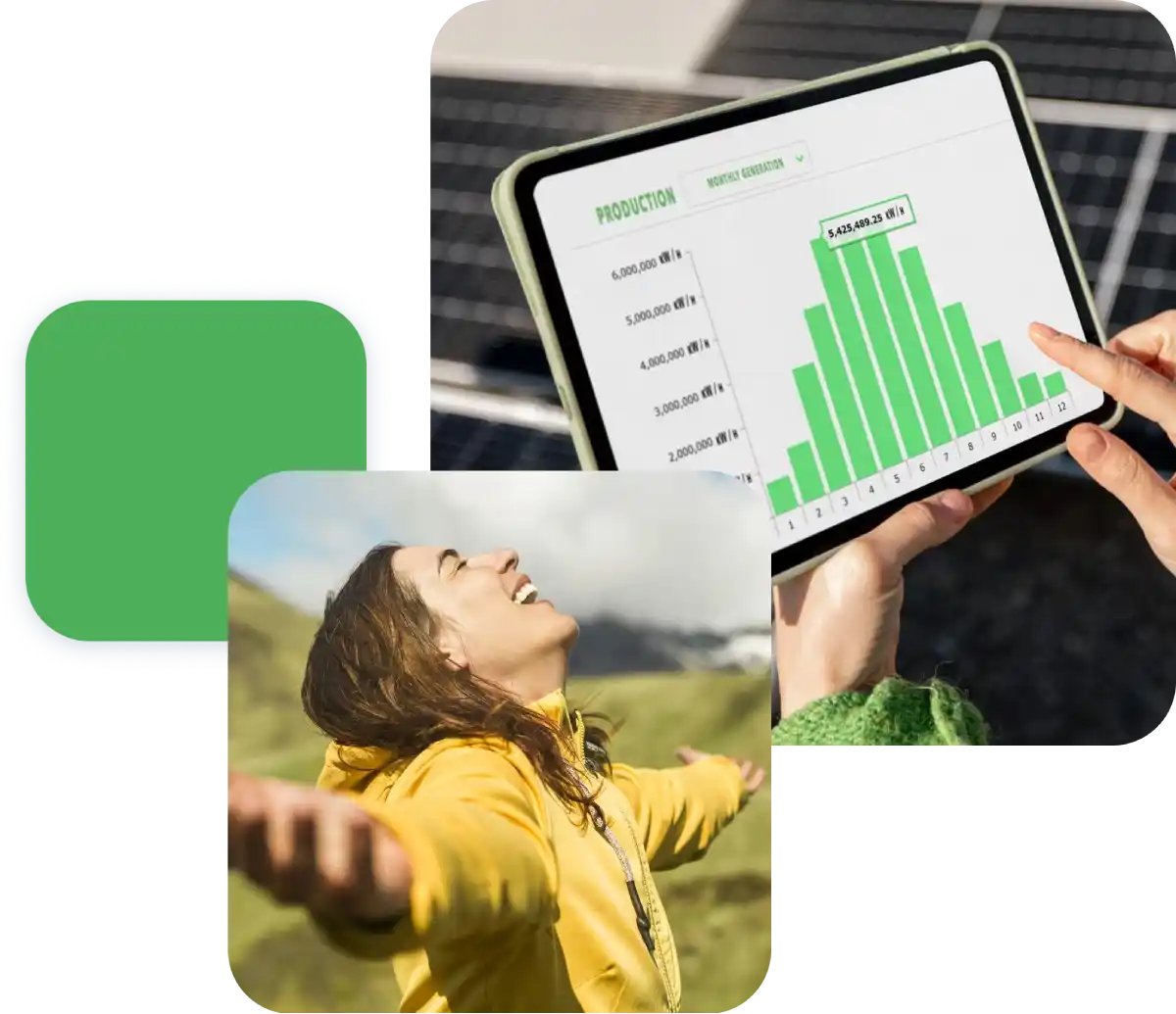 Persona all'aperto sorride con tablet che visualizza grafico produzione energia rinnovabile.