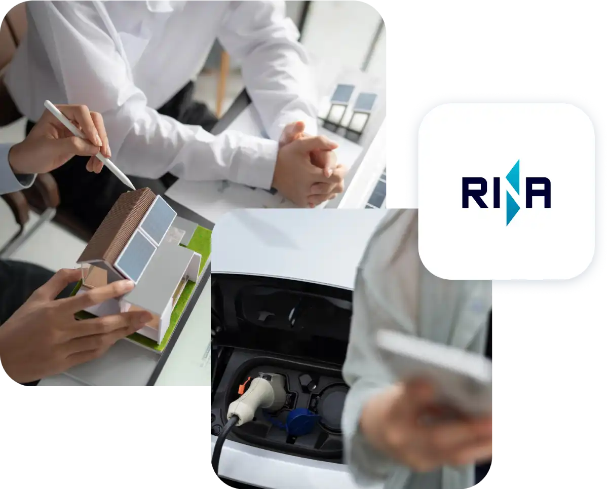 Due persone discutono un modello architettonico; presa per auto elettrica; logo Rina.