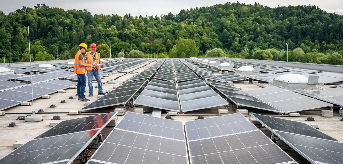 Installatori controllano pannelli solari su tetto con foresta sullo sfondo, promuovendo energia sostenibile.