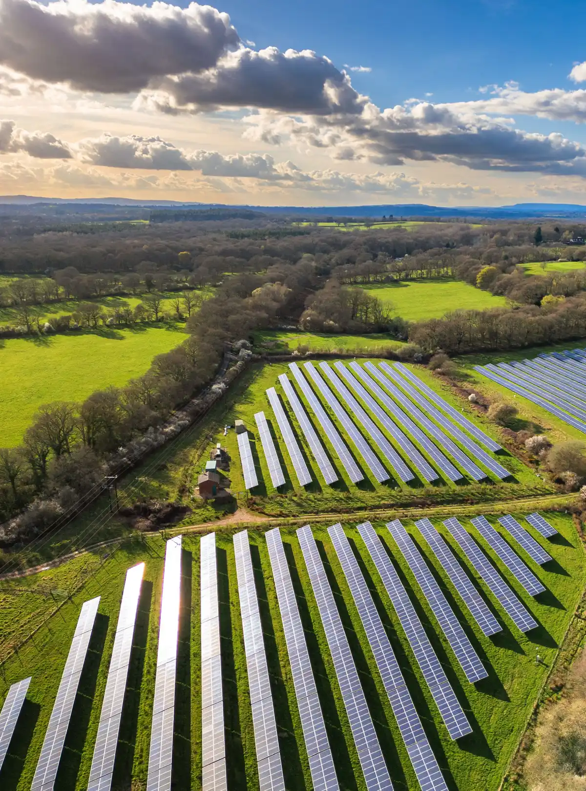 Pannelli solari installati su un campo verde con foreste circostanti e cielo nuvoloso.