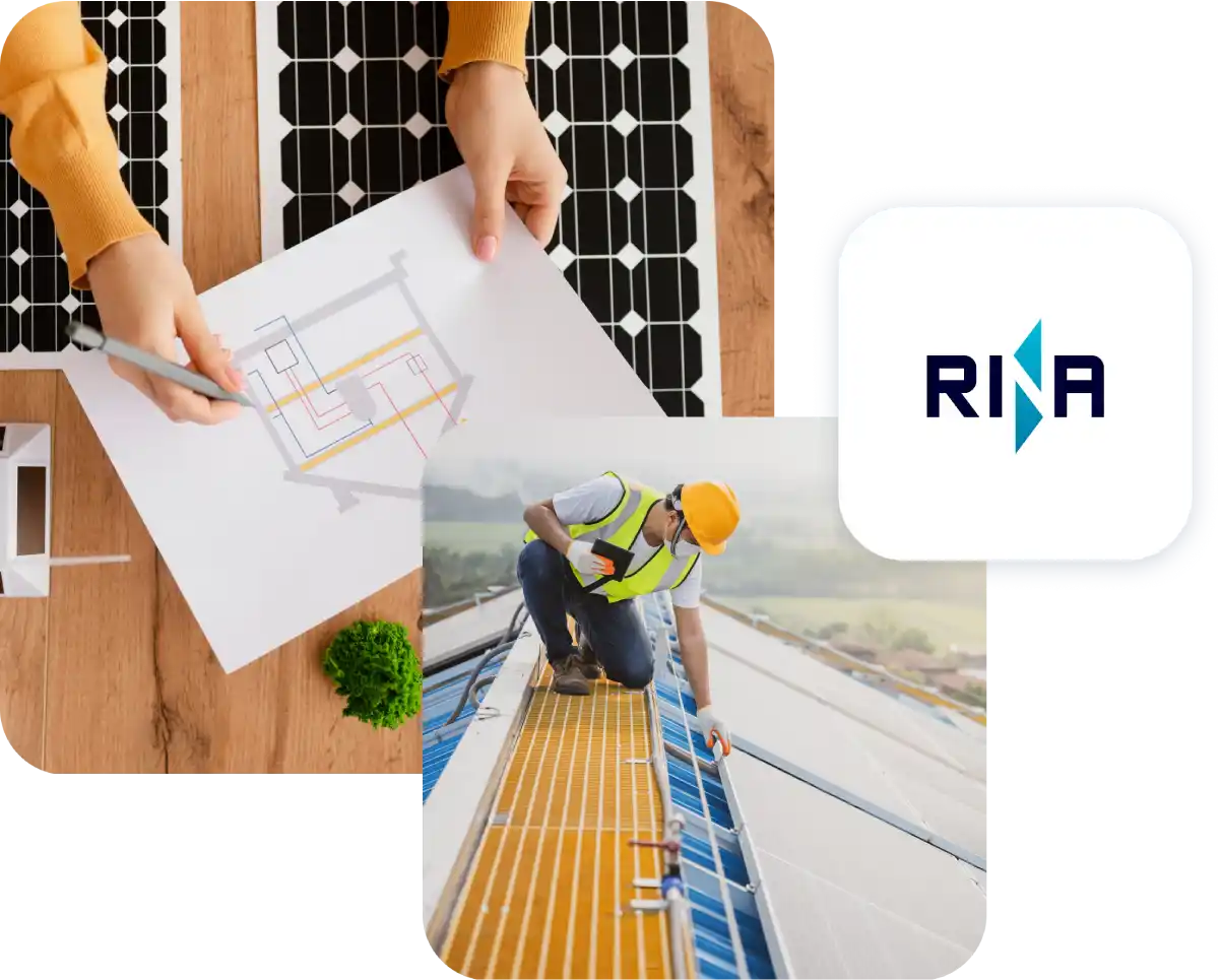 Progettazione impianti solari: tecnico su tetto, pianta architettonica, pannelli solari, logo RINA.
