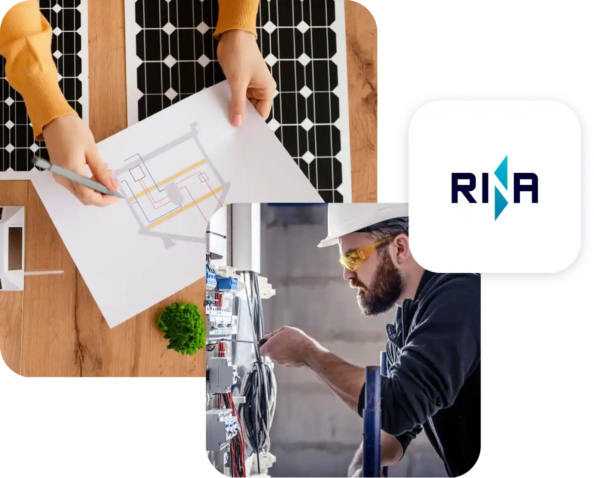 Persona analizza schema impianto solare, tecnico lavora su cablaggio elettrico, logo RINA visibile.