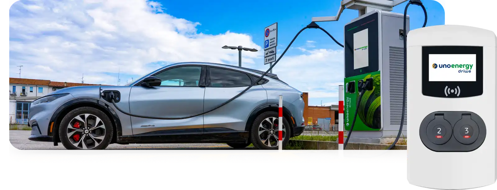 Automobile elettrica in ricarica presso colonnina Unoenergy Driwe