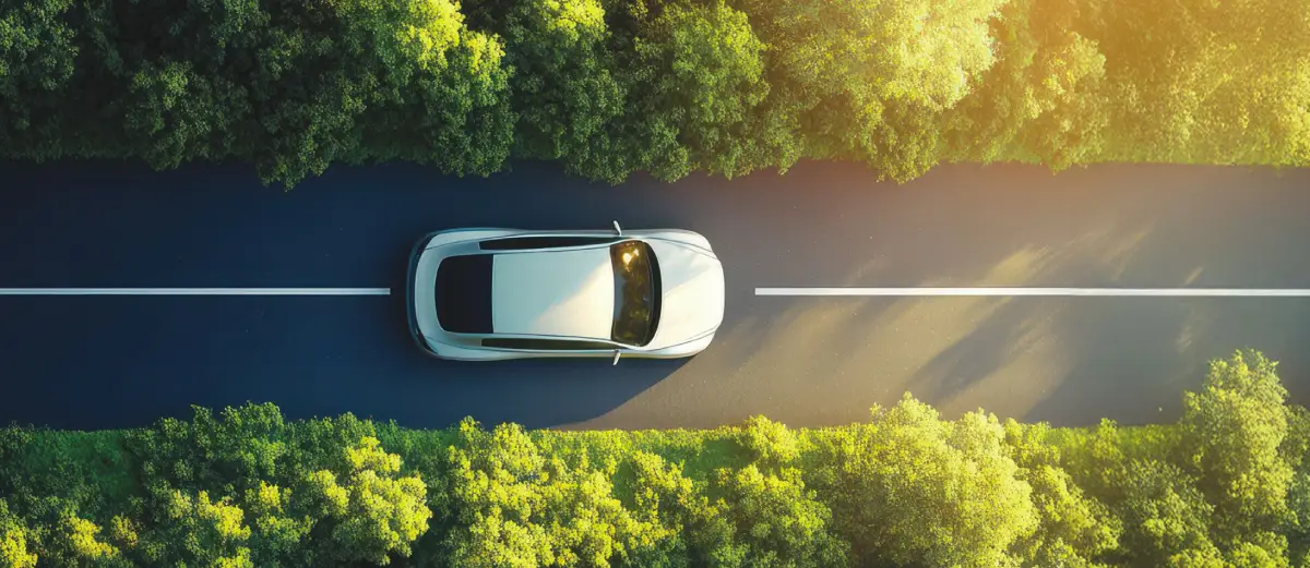 Auto bianca vista dall'alto su strada tra alberi verdi e sole, guida tranquilla in paesaggio naturale.