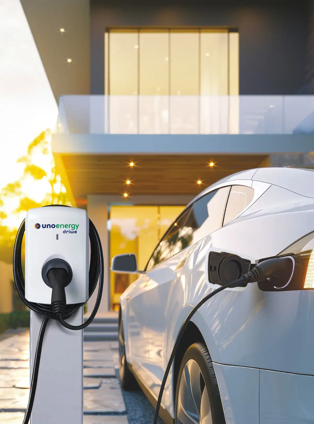 Auto elettrica in ricarica presso stazione Unoenergy davanti a una casa moderna al tramonto.