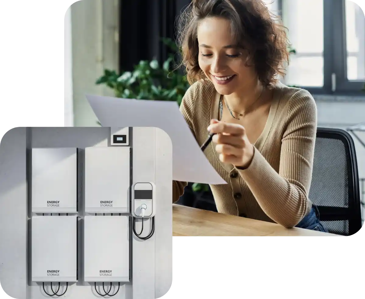 Donna sorride mentre legge un documento, accanto a un sistema di stoccaggio energia da parete.