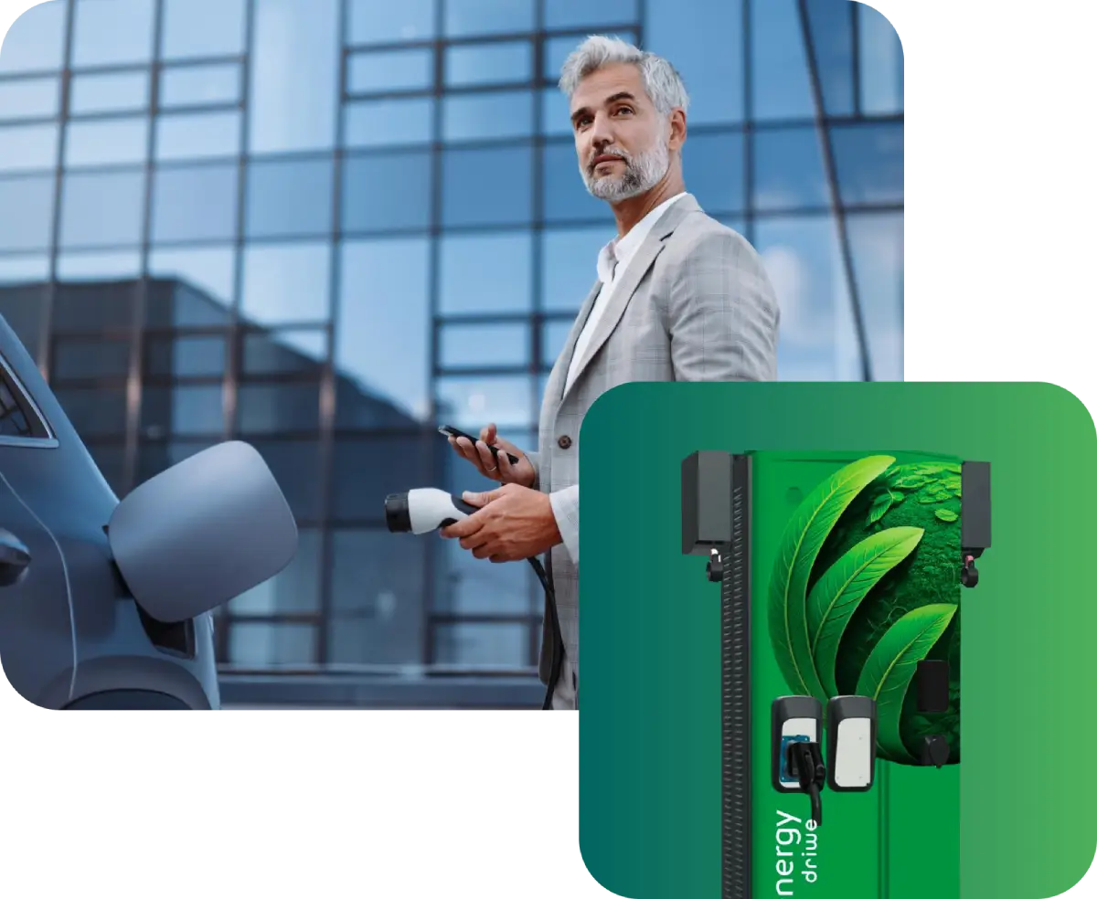 Uomo ricarica auto elettrica davanti a edificio moderno, dettaglio della stazione di ricarica verde.