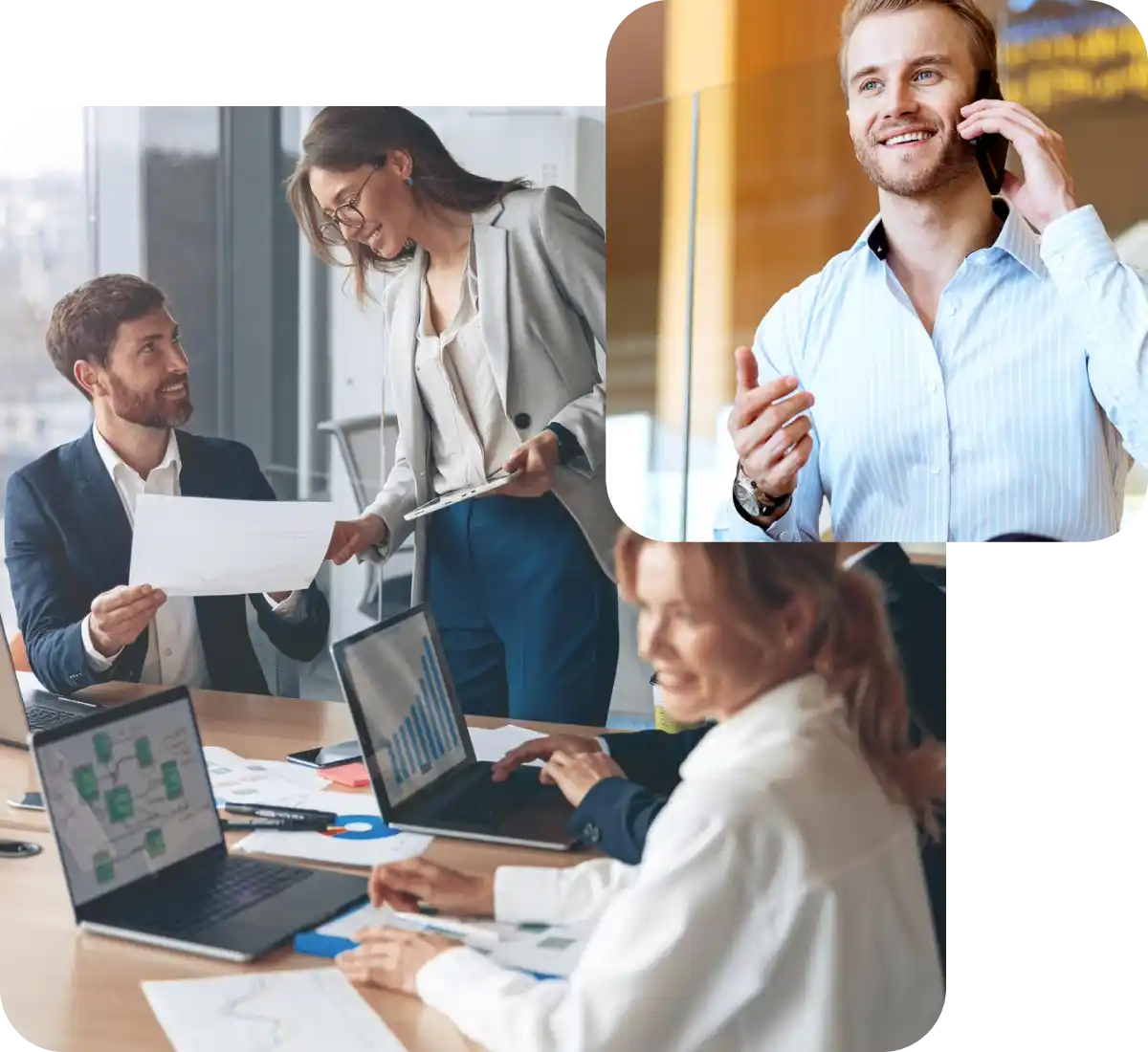 Persone in ufficio che discutono documenti e analizzano grafici al computer.