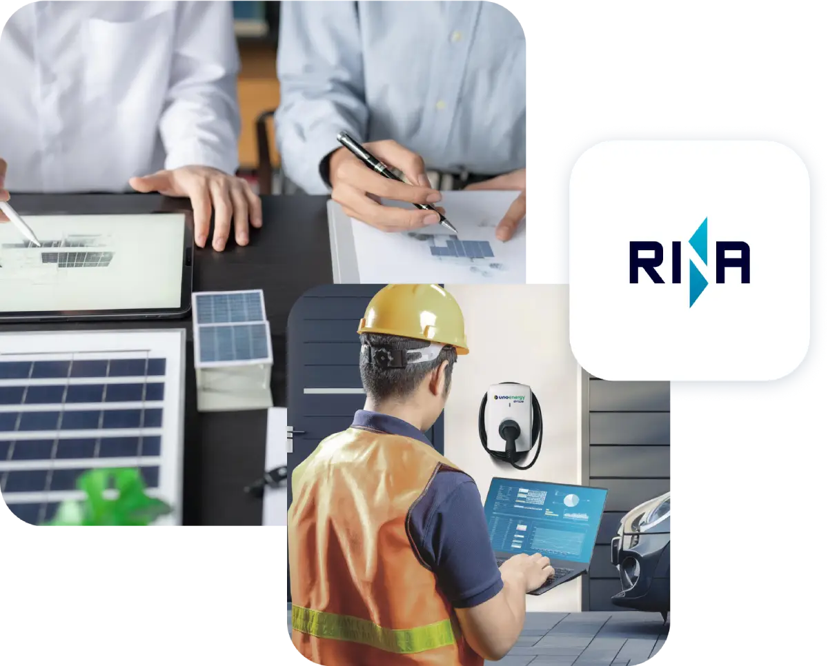 Ingegneri valutano pannelli solari, tecnico controlla stazione ricarica auto elettrica, logo RINA visibile.