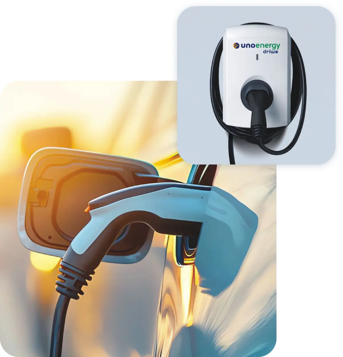 Auto elettrica in carica con stazione Unoenergy, cavo collegato, sfondo al tramonto.