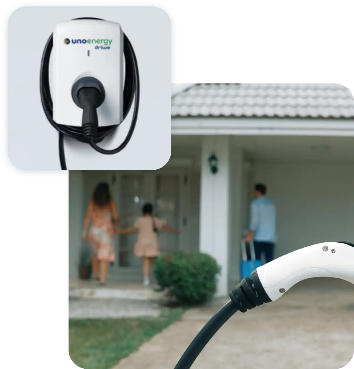 Caricabatterie Unoenergy Drive con cavo in primo piano, famiglia entra in casa sullo sfondo.