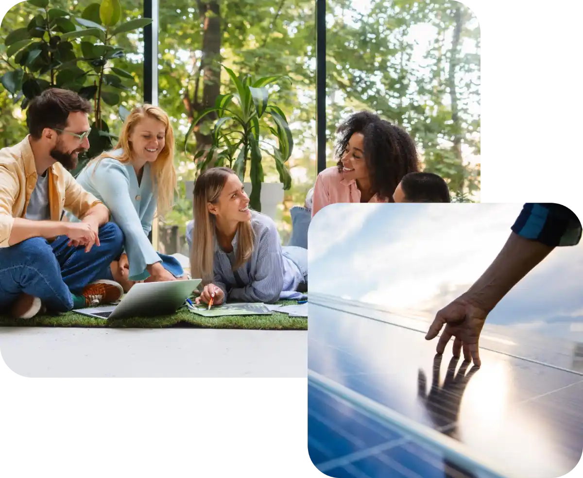 Gruppo di persone che discute con laptop, con sfondo di piante e pannelli solari riflettenti una mano.