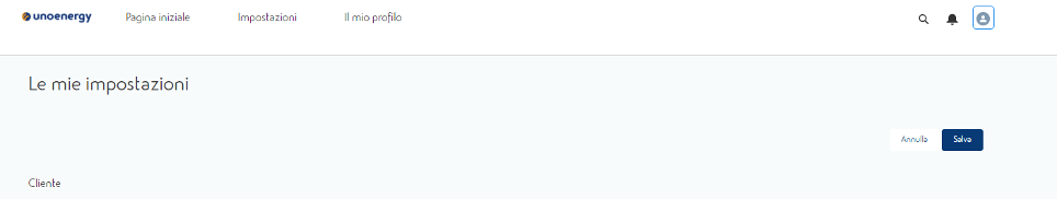 Pagina impostazioni conto utente su sito Unoenergy con pulsanti Annulla e Salva.