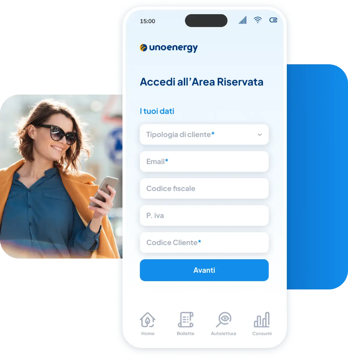 Donna sorridente che utilizza l'applicazione Unoenergy