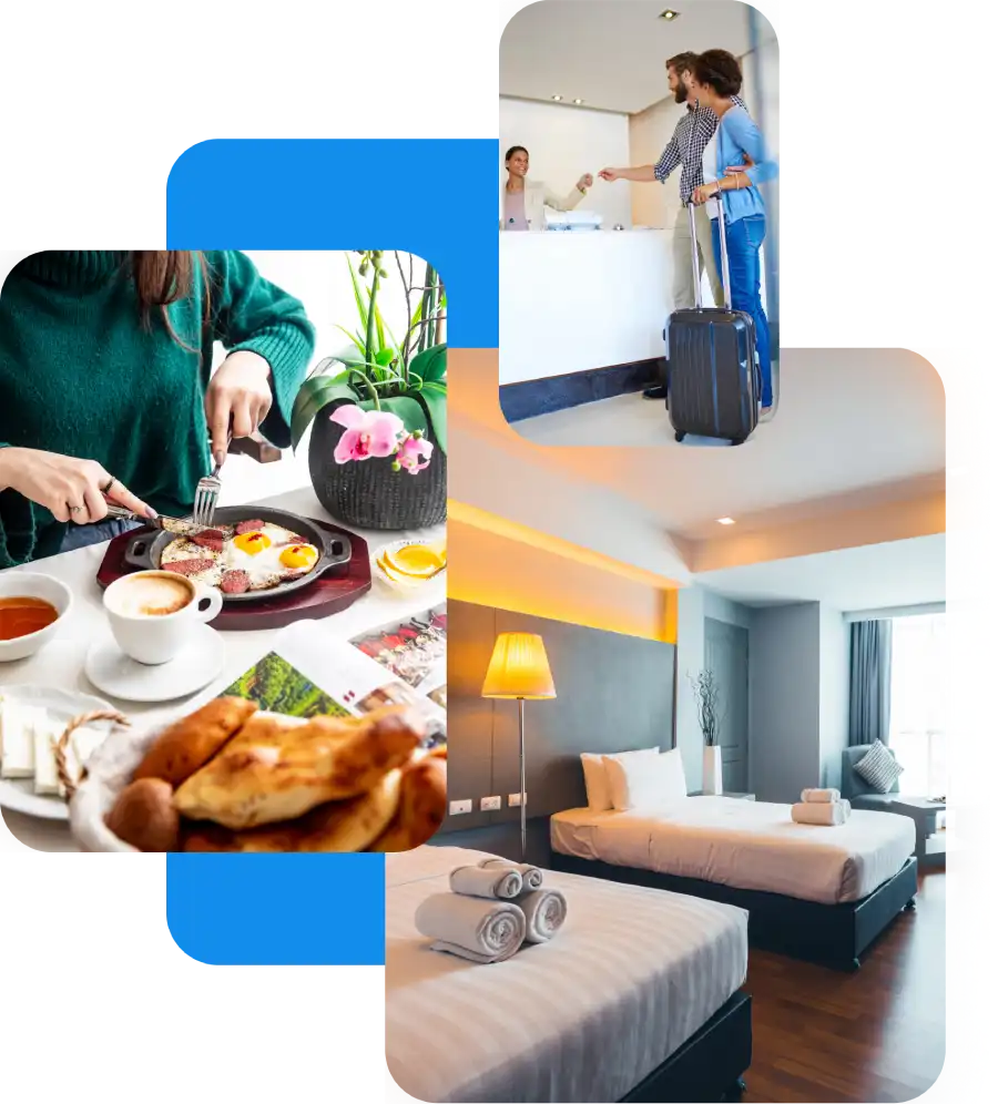 Immagini dell'interno di un hovel, reception, camera da letto e una colazione abbondante