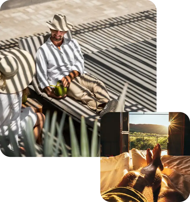 Coppia si rilassa sulle sdraio, camera di hotel al tramonto