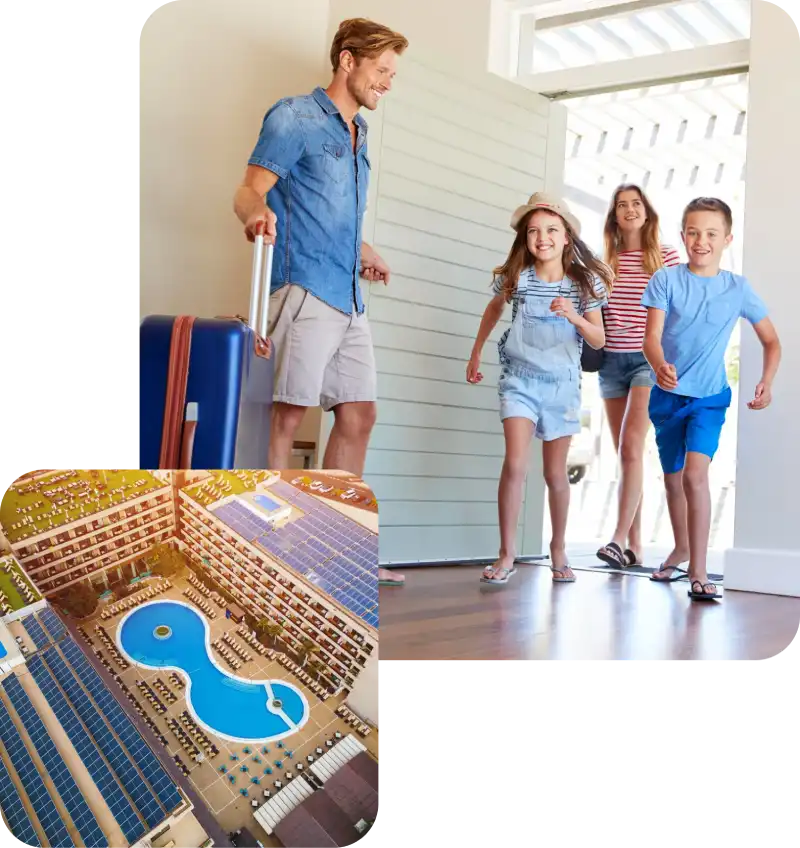 Famiglia felice con il trolley entra in un hotel con piscina