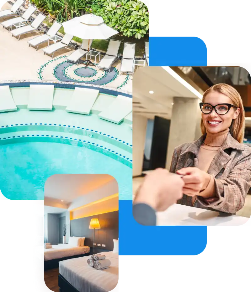Composizione di immagini con piscina, receptionist di albergo e camera di hotel