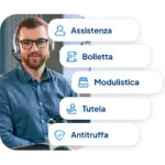 Operatore con cuffie offre assistenza su bollette, modulistica e tutela clienti e antitruffa
