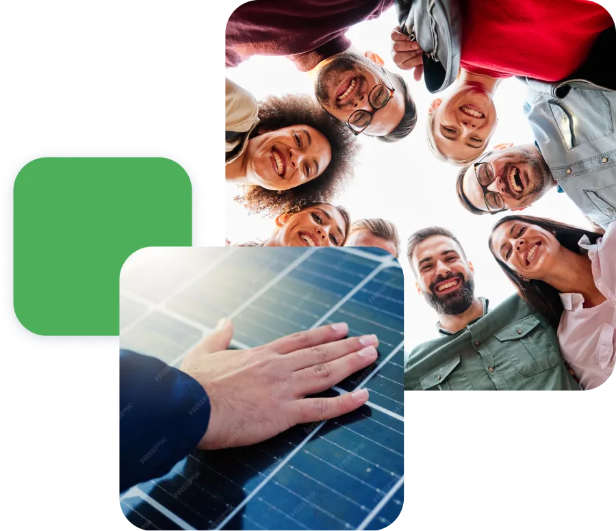 Gruppo di persone felici si stringono in cerchio, mano appoggiata su pannello solare