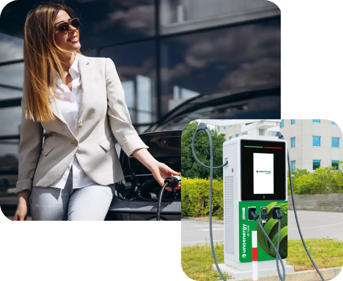 Donna elegante che ricarica la sua auto elettrica in azienda