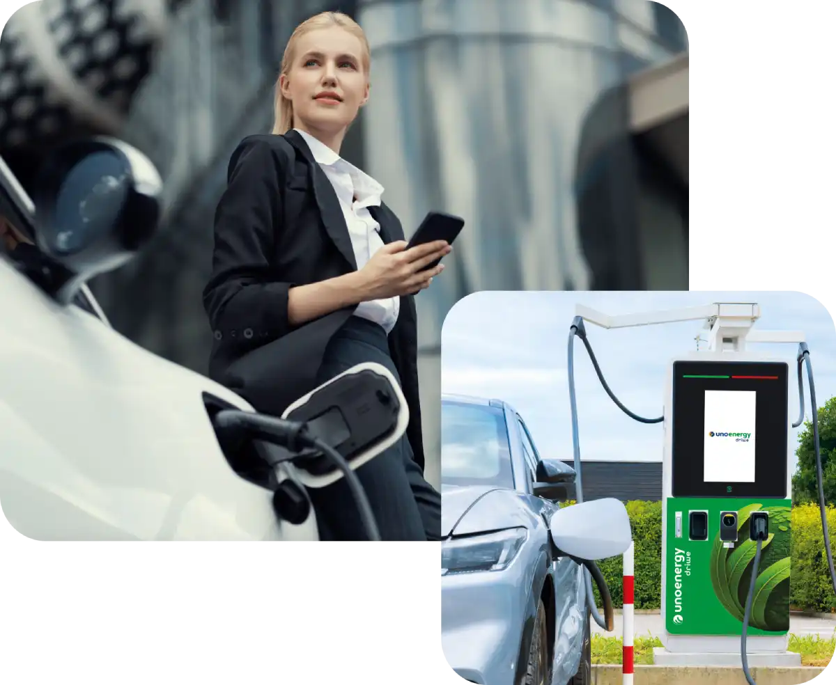 Donna d'affari mentre ricarica la sua auto con la colonnina Unoenergy Driwe