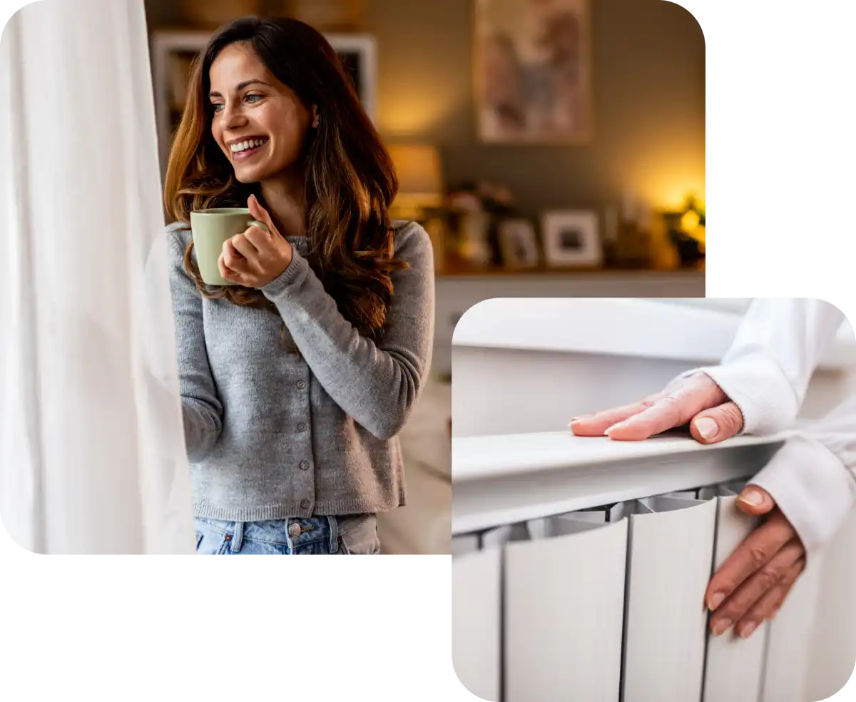 Donna alla finestra con tazza e mani su termosifone