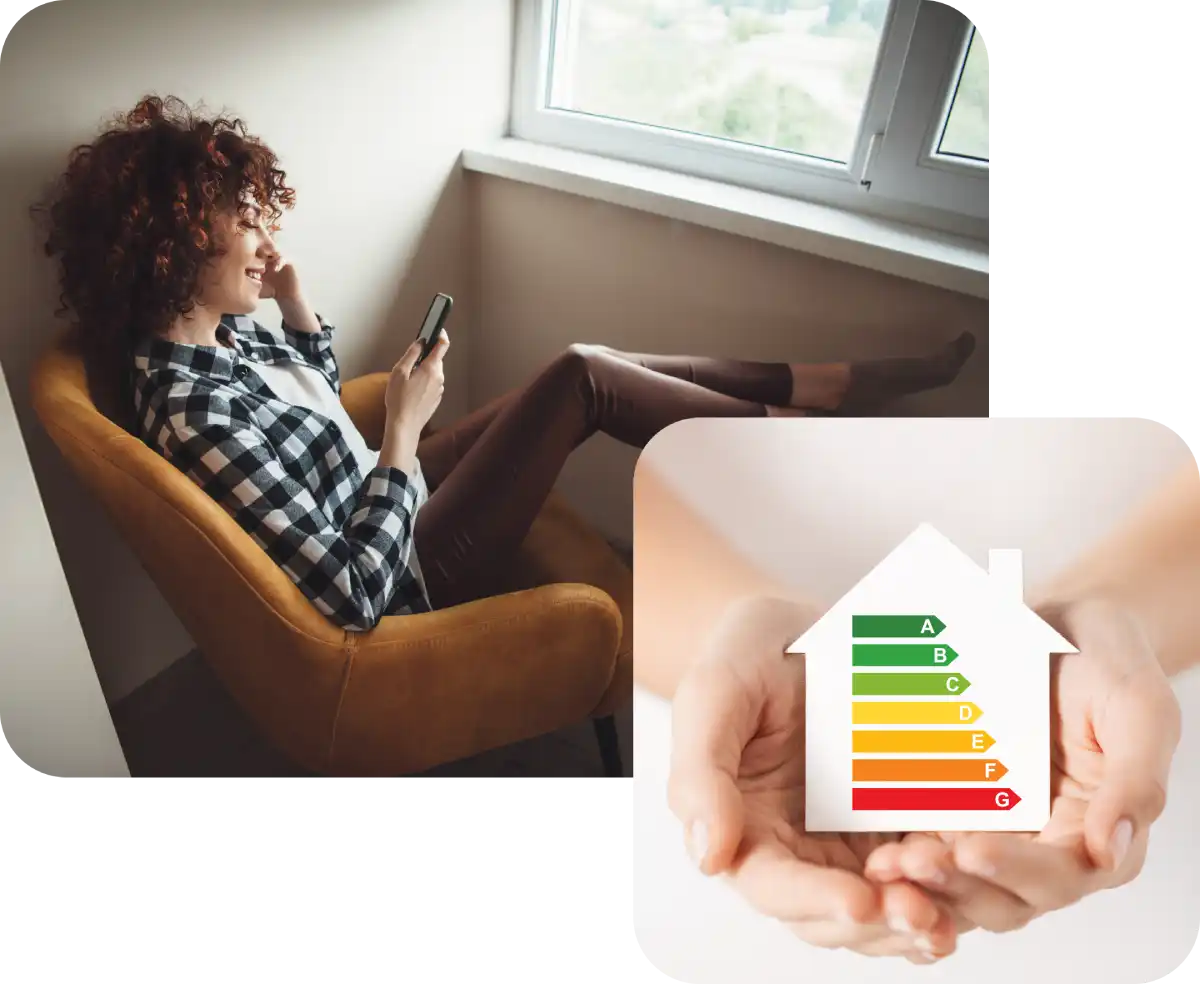 Ragazza seduta al telefono appoggia i piedi sul termosifone. Schema certificazione energetica