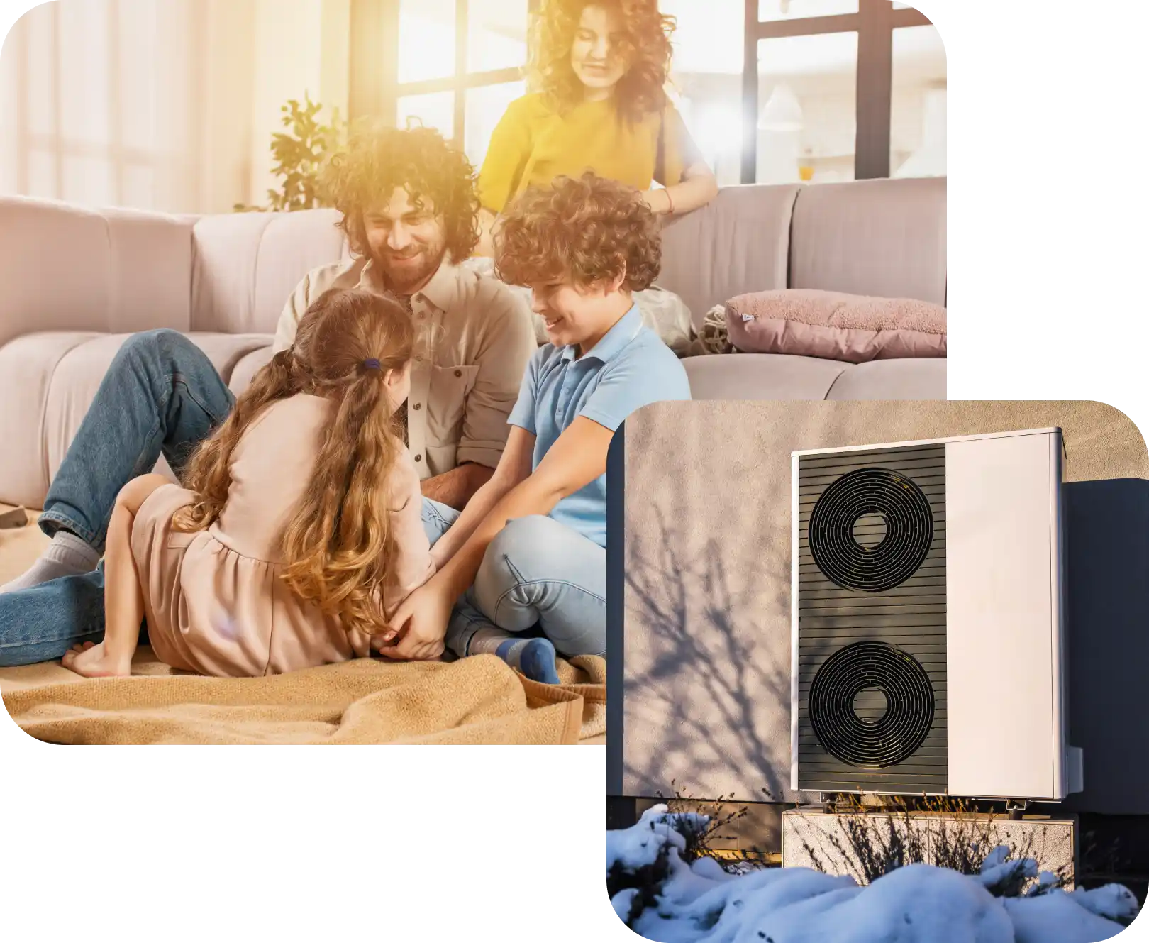 Famiglia gioca in salotto mentre la casa è riscaldata da pompa di calore ibrida