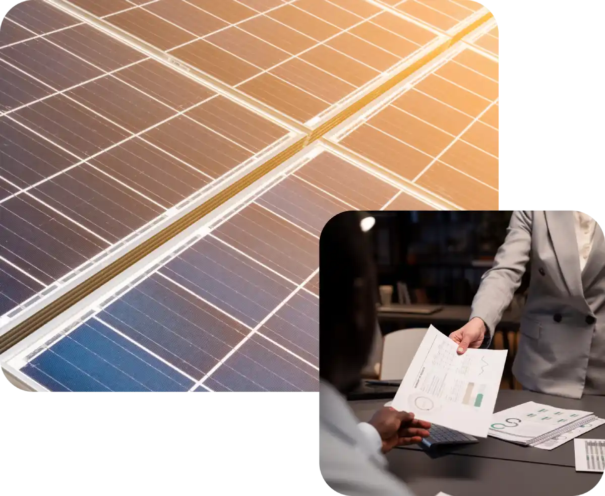 Pannello solare illuminato dal sole e firma contratto