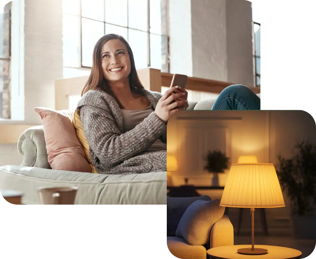 Donna sul divano in soggiorno luminoso, lampada che illumina una stanza