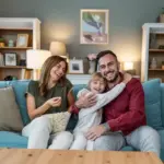 Famiglia felice sul divano