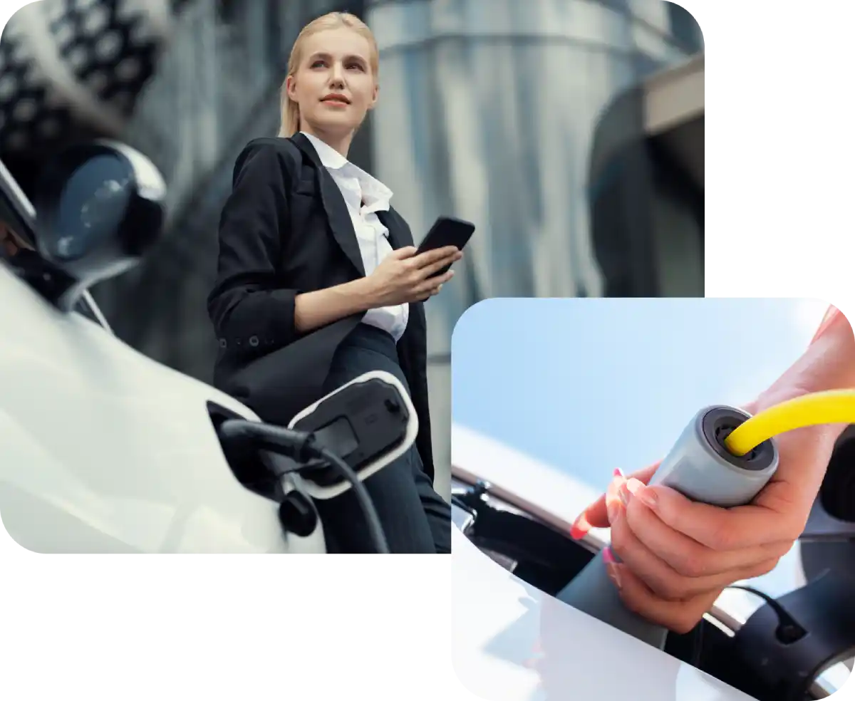 Donna che controlla col telefono la ricarica dell'auto