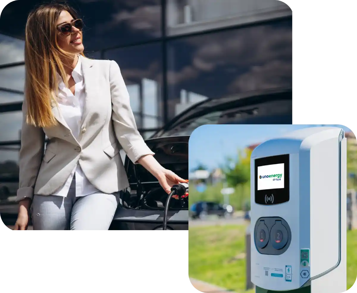 Donna ricarica l'auto presso una colonnina Unoenergy DriWe