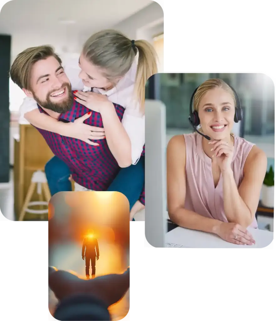 Una ragazza sulle spalle del ragazzo. Un'operatrice Unoenergy felice, il cliente messo al centro
