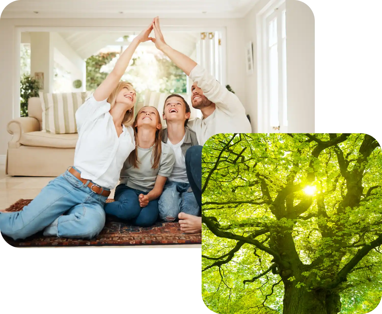 Famiglia con due bambini in salotto luminoso uniscono le mani per fare un tetto. Foresta alberata