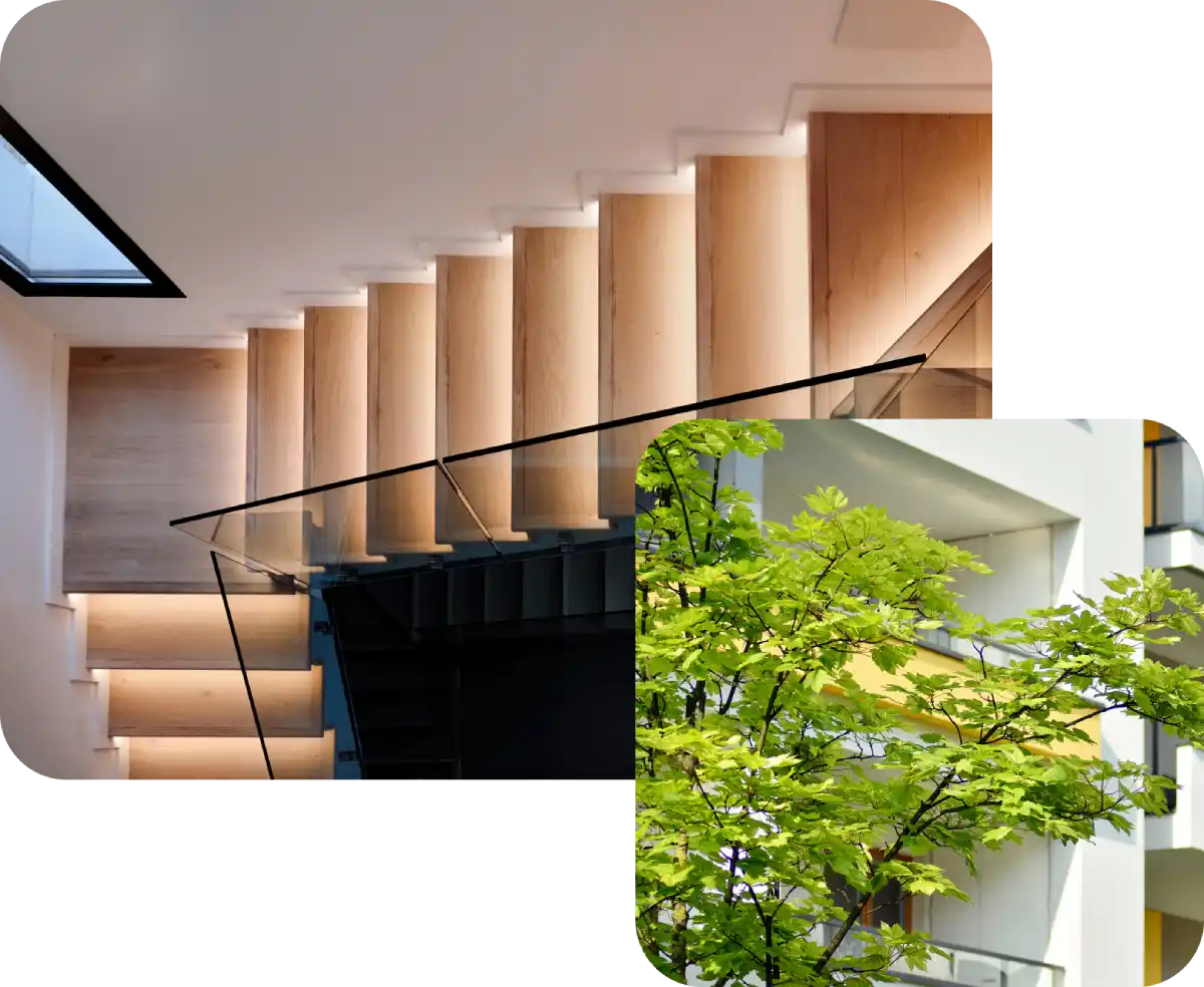 Tromba delle scale illuminata. Albero davanti a condominio