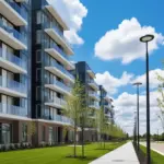 Palazzi circondati dal verde e un vialetto in una giornata soleggiata