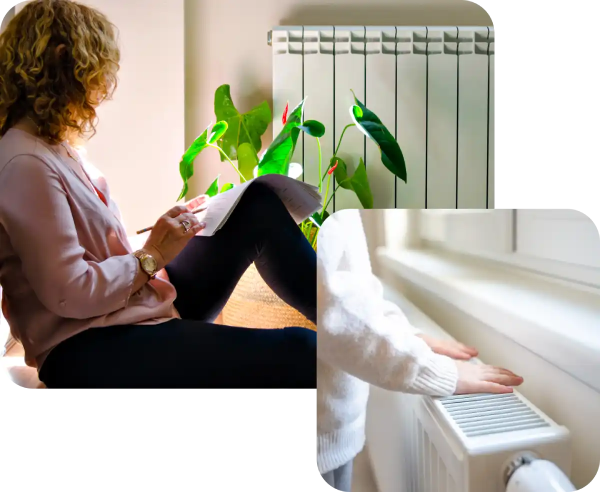 Donna seduta accanto a termosifone. Ragazza appoggia mani su termosifone