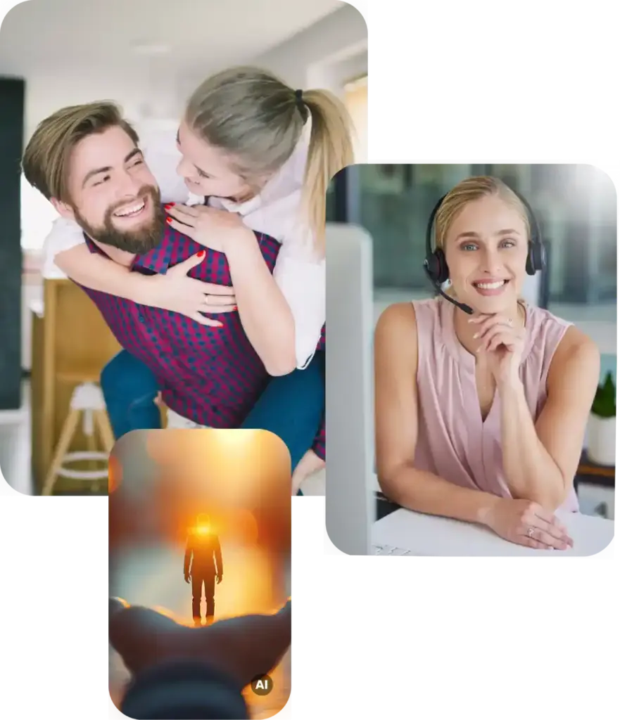 Una ragazza sulle spalle del ragazzo. Un'operatrice Unoenergy felice, il cliente messo al centro